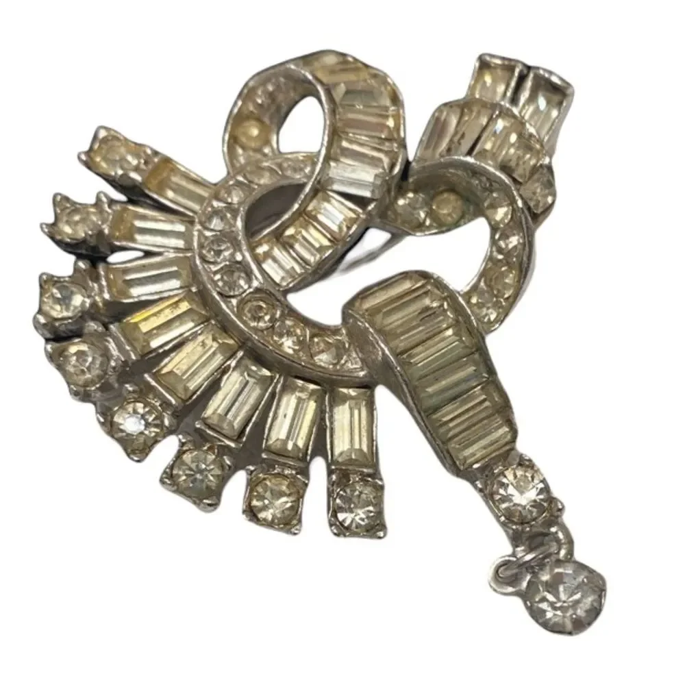 Vintage 1940’s Reinad Art Deco Clear Baguette And Round Rhinestone Brooch - Picture 2 of 10
